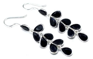 925 Sterling Silver Black Spinel Gemstone Handmade Jeweler Earrings Size-1.50'' - Picture 1 of 7
