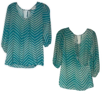 Soulmates Shirt Womens M Semi-Sheer Chevron Tie Back Teal 3/4 Sleeve Top Easter - Image 1 of 4