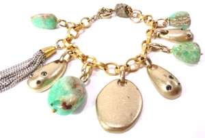 Designer Women's Green Sea Glass Brass Crystal Rock Chain Bracelet NWOT 350 - Picture 1 of 8