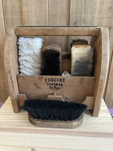 Vintage Esquire Footman Deluxe Wooden Shoe Shine Valet Caddy Box Brushes Set - Picture 1 of 9