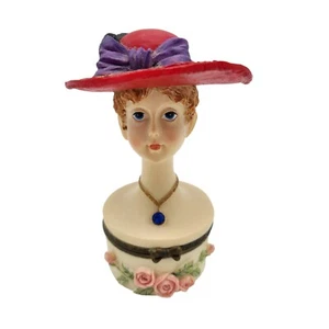 Lady's Ceramic Red Hat Head Hinged Trinket Box Jewelry 4" Vintage - Picture 1 of 11