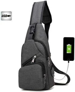 NEW Grey Shoulder Chest Cross Body Messenger Backpack Bag with USB Charging Port - Picture 1 of 5