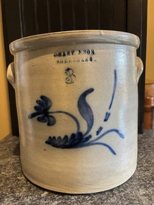 Antique Stoneware C. Hart & Son; Sherburne NY 3 Gal Blue Cobalt Decorated Crock - Picture 1 of 11