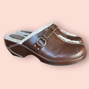 Y2K Brown Clog Mule Wedges Chunky Size 10 Studs Faux Fur Lined Vegan Leather - Picture 1 of 8