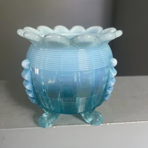 Antique Northwood Klondyke Fluted Scrolls Footed Rose Bowl Blue Opalescent - Picture 1 of 8