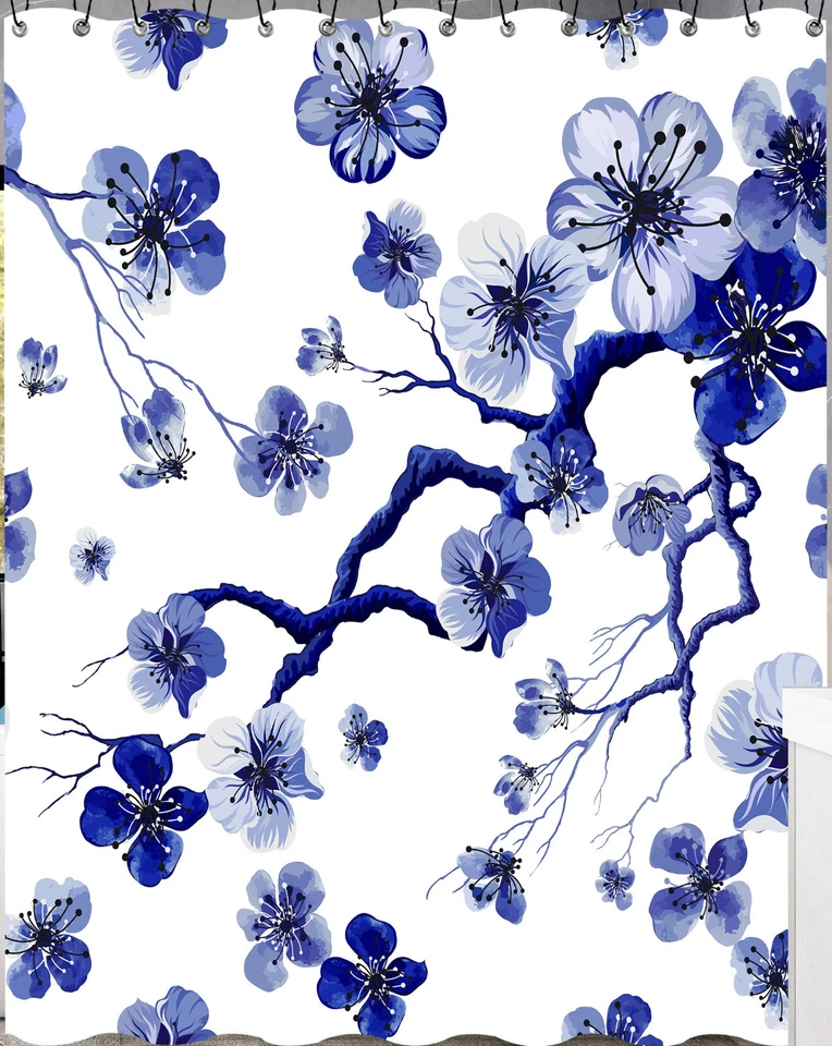 Blossom Shower Curtain Elegant Minimalistic Indigo Blue , 70x72" - Image 1 of 2