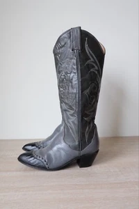Tony Lama Gray Black Cowboy Boots Boho Rodeo Wingtip Vintage Womens 6 US - Picture 1 of 6