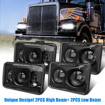 Black 4PCS 4x6'' LED Headlights Hi/Lo Sealed Beam For Peterbilt Kenworth - Image 1 of 4