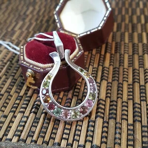 925 Sterling Silver Necklace, Genuine Multicolour Tourmaline Pendant, Amphora  - Picture 1 of 6