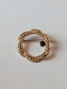 Vintage Brosche Anstecknadel goldfarben schwarz facettiertes Glas Kreis - Bild 1 von 4