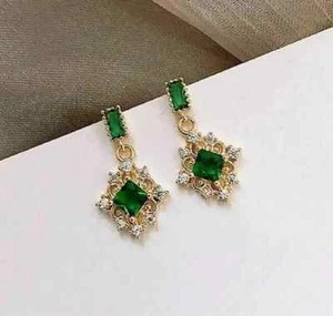 2Ct Princess Cut Lab-Created Emerald Drop/Dangle Earrings 14k Yellow Gold Plated - Picture 1 of 7