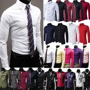 Men Dress Shirt Long Sleeve Slim Fit Work Formal Business Office Tops Tee Shirt⊹ - Picture 1 of 26
