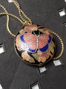 Vintage Emaille Cloisonné Schmetterling und Blumen Anhänger Halskette - Bild 1 von 6
