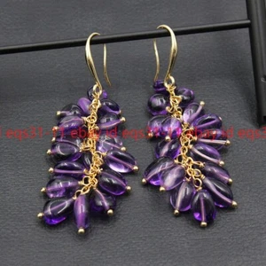 8-10mm Natural Purple Amethyst Irregular Gems Grape Dangle Gold Hook Earrings - Picture 1 of 12