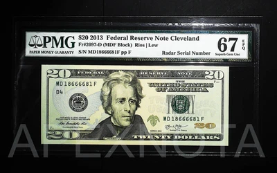 [RADAR S/N] FRN $20 2013 FR2097D PMG 67 SUPERB GEM UNC EPQ FANCY 1866 6681 - Image 1 of 4