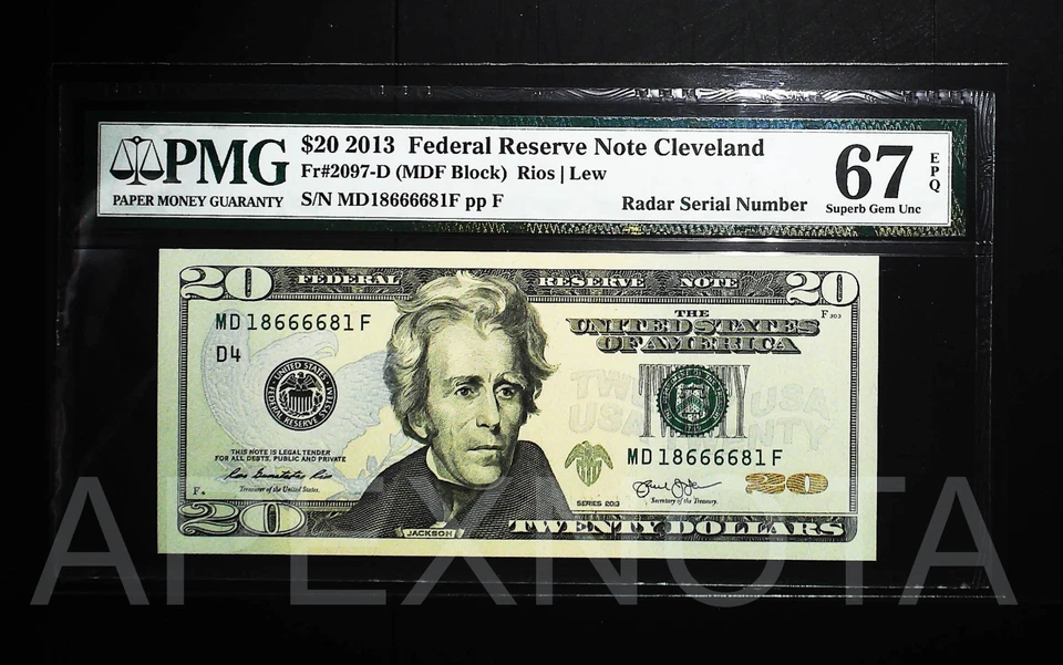 [RADAR S/N] FRN $20 2013 FR2097D PMG 67 SUPERB GEM UNC EPQ FANCY 1866 6681 - Image 1 of 4