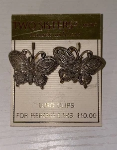NOS Two Sisters Lauren And Leah Butterfly Metal Earrings Euro Clips - Picture 1 of 7