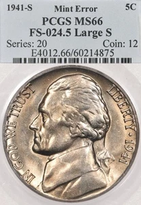 1941-S 5C PCGS MS66 Jefferson Nickel Large S FS-501 FS-024.5 Mint Error - Picture 1 of 4