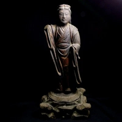 Escultura de madeira Benzaiten estátua H17 polegadas budismo arte japonesa antiga - Imagem 1 de 4