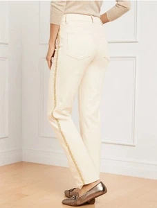 Talbots cremefarbene schlankmachende Jeans gerades Bein Gold Pailletten Streifen Größe 16 Urlaub - Bild 1 von 12