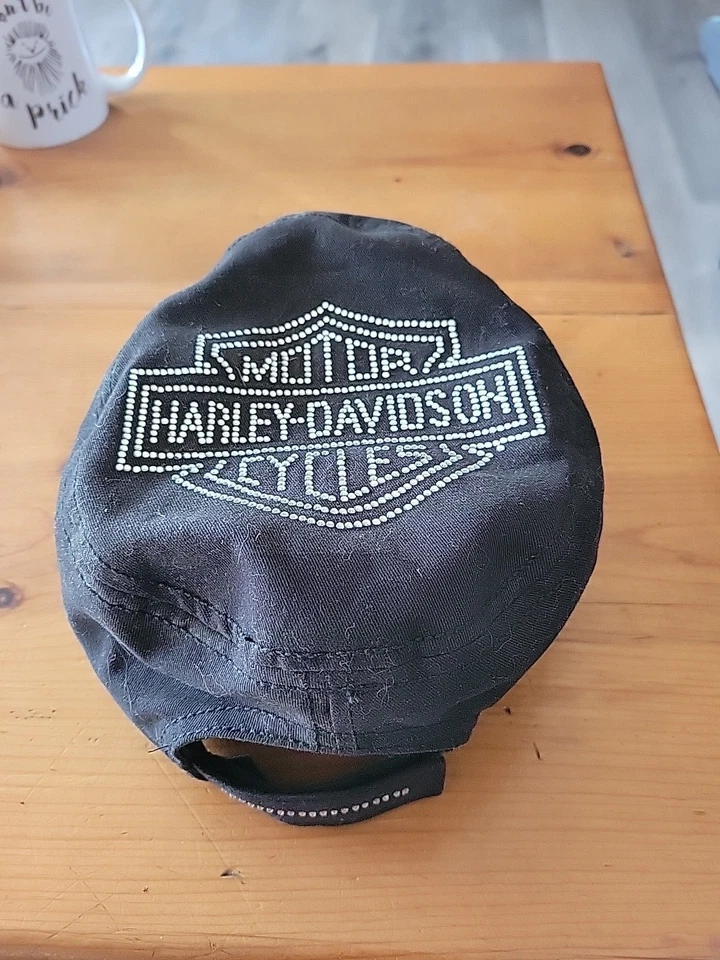 Mujer Harley Davidson Motociclista Estrás Deslumbrante Negro Sombrero Solapa Gorra Ajustable Foto 1 de 4