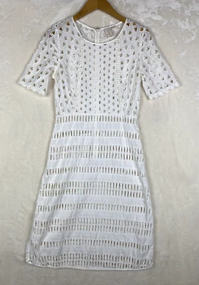 Eyelet Sheer A-line Dress Womens 2 100% Cotton Embroidery Natural Office Coverup - Image 1 of 4