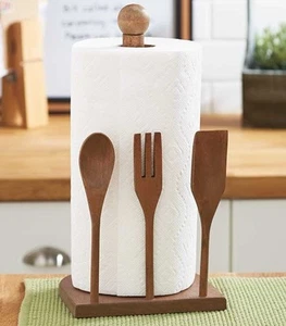 Rustic Utensil Paper Towel Holder Wooden Fork Spoon Shaped Kitchen Accessory  - Picture 1 of 1