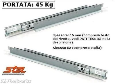 COPPIA GUIDE SCORREVOLI per Cassetti CON STAFFE - Portata 45 kg - Estraz Totale - Immagine 1 di 4