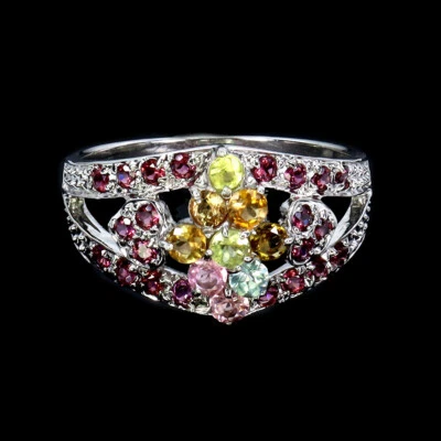 925 Anello Argento Sterling Rotondo Tormalina Rodolite Granato Gemma Taglia 7 - Immagine 1 di 4