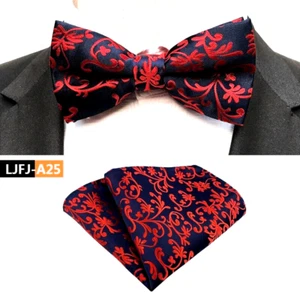 Mens Pre-Tied adjustable Bow Tie Floral Red Blue Bowtie Hanky Wedding Party - Picture 1 of 1