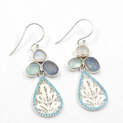 Orecchini pendenti pietra di luna calcedonio nano turchese gioielli in argent... - Immagine 1 di 4