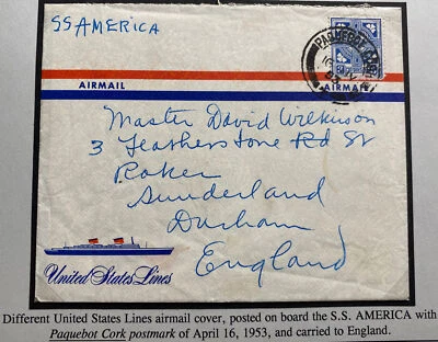 1953 Cork Paquebot Ireland Airmail Cover To Durham England SS America - Image 1 of 3