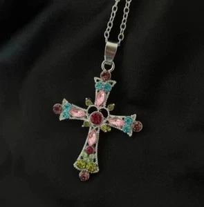 Crystals Cross Elegant Pendant Necklace 925 Sterling Silver Women Girls - Picture 1 of 8