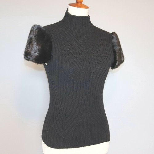 Maglione Valentino nero lana cashmere vera pelliccia manica corta finto collo top