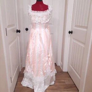 Vintage Gunne Sax Kleid Gr. 7 pfirsich rosa Streifen Spitze Prärie viktorianischer Satin - Bild 1 von 17