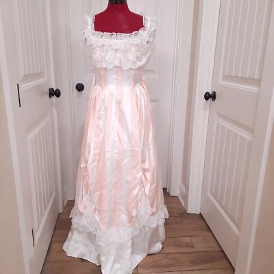 Vestido Gunne Sax vintage talla 7 rayas rosa melocotón encaje pradera victoriano satinado Foto 1 de 4