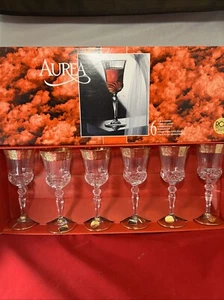 Royal Crystal Rock Aurea 24Kt Gold 7.5" Tall Wine 24% Leaded Italy Glasses 8oz - Picture 1 of 10