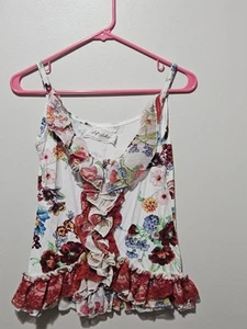 Y2k Vintage Jeff Galliano Paris Floral Print Ruffled Camisole Tank Top Blouse - Picture 1 of 5