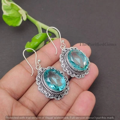 Pendiente Topacio Azul Suizo Azul\Pendiente Chapado en Plata de Ley 925\Joyería Fina Foto 1 de 4