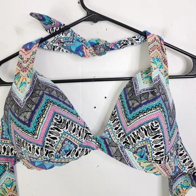 Top de natación Liz Claiborne para mujer 12 triángulo acolchado colorido azteca corbata halter Foto 1 de 4