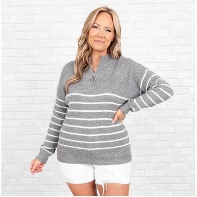 Womens Sweater Grey And White, Partially Striped XL quarter Zip, Heavy NWOT - Image 1 of 4