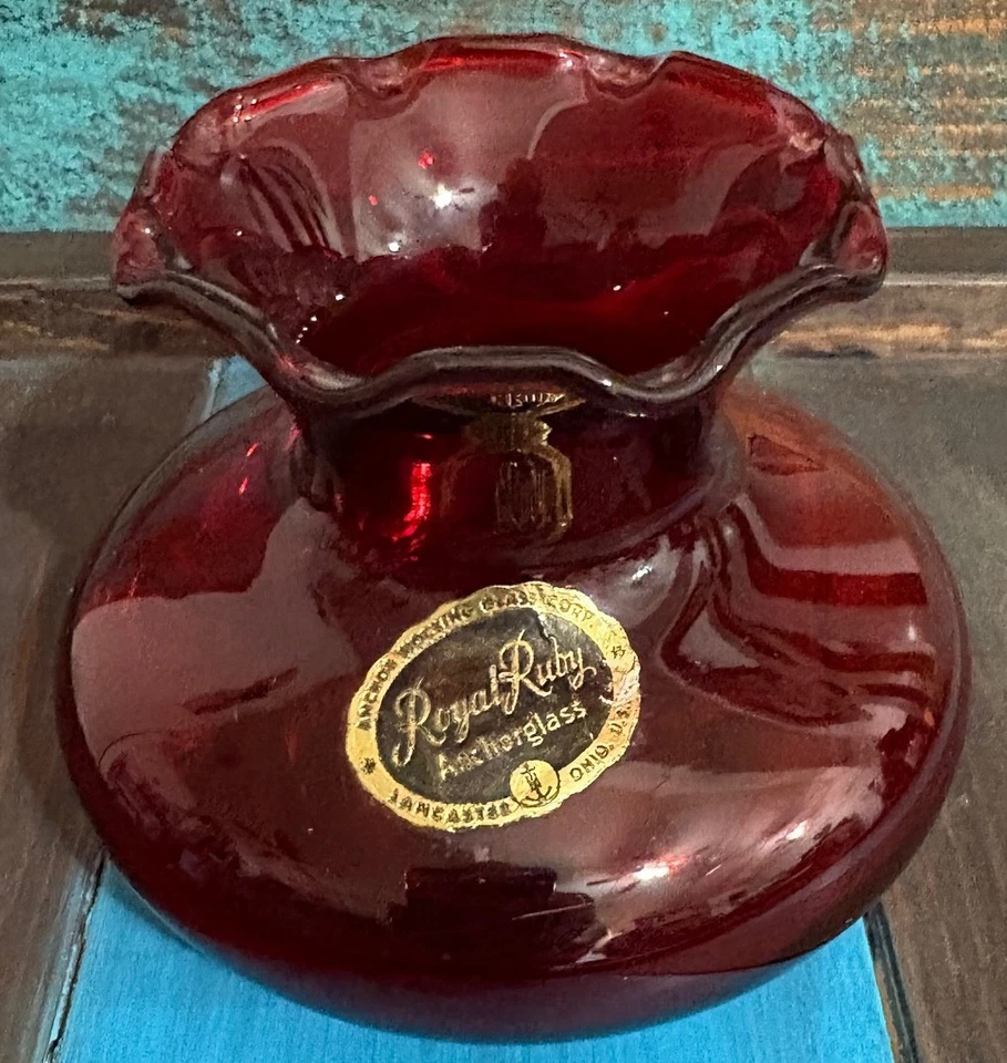 Vintage Anchor Hocking Royal Ruby Red Glass Bud Vase Ruffled Top Sticker 3.5 in - image 1 of 4