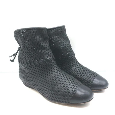 Chanel Cap Toe Perforated Leather Flat Ankle Boots Black Size 38 - Image 1 of 4