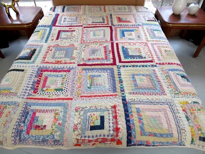 Vintage Feed Sack Machine Pieced Hand Quilted LOG CABIN Farmhouse Quilt; 81"x70" - Image 1 of 4