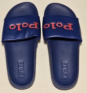 NWOB Polo Ralph Lauren Women's "POLO Spellout" Cayson Slides in Blue & Red