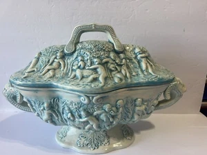 RARE MCM Vtg.  Lg Italian Majolica Cherub Teal Soup Tureen Chip On Nose - Picture 1 of 24