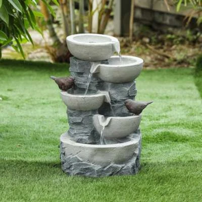 Outdoor Fountain Polynesian Tiered Birds Perched Patio Garden Deck With Pump   - Image 1 of 3