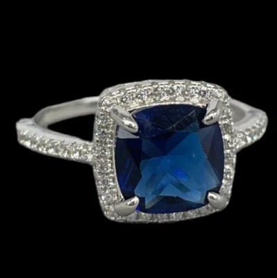 Anello donna in argento 925 cristallo blu e pietre brillanti fine elegante mis20 - Immagine 1 di 4