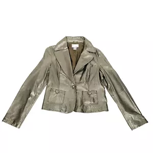 Spiegel Womens Leather Jacket Blazer 12 Gold Metallic Pocket Lined Soft Shell - Picture 1 of 11