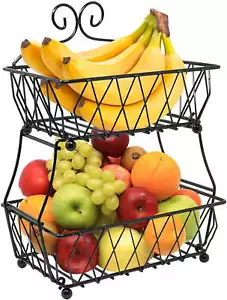 Fruit Basket Display Stand 2-Tier for Vegetable Fruit & Bread Counter Storage - Picture 1 of 7